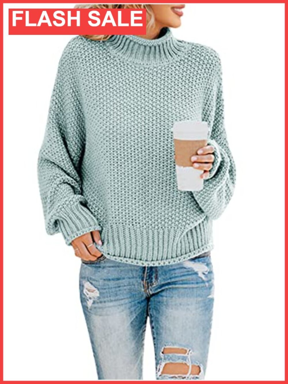 Turtleneck Oversized Sweater Batwing Long Sleeve Chunky Knit Pullover